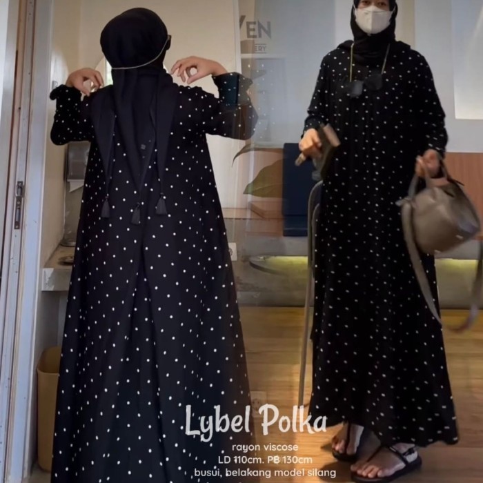 Baju Gamis Wanita Muslim Lybel Midi Dress Fashion Perempuan Dewasa Ibu - Polka Black