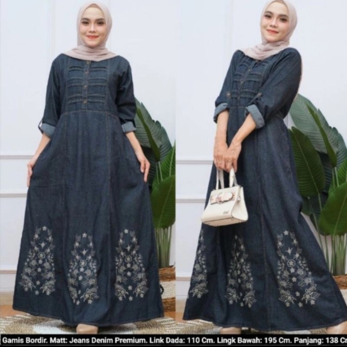 Gamis Jeans Jumbo Solid Blue Bordir Bunga Untuk Wanita Dewasa
