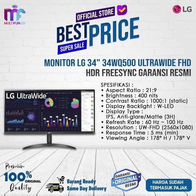 

Monitor LG 34" 34WQ500 UltraWide FHD HDR FreeSync Garansi Resmi