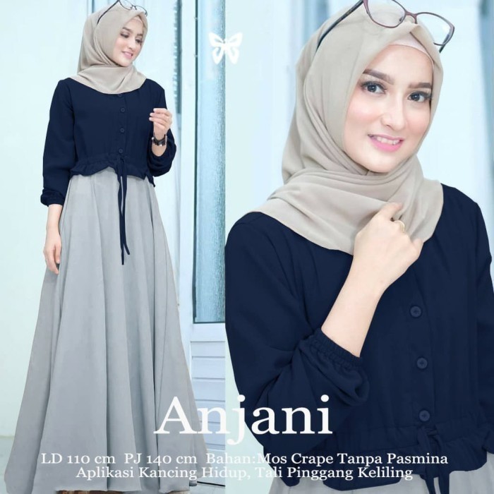 COD Baju Gamis Anjani Dress Wanita Muslim Remaja Dewasa Kekinian Terbaru - Navy Silver, M