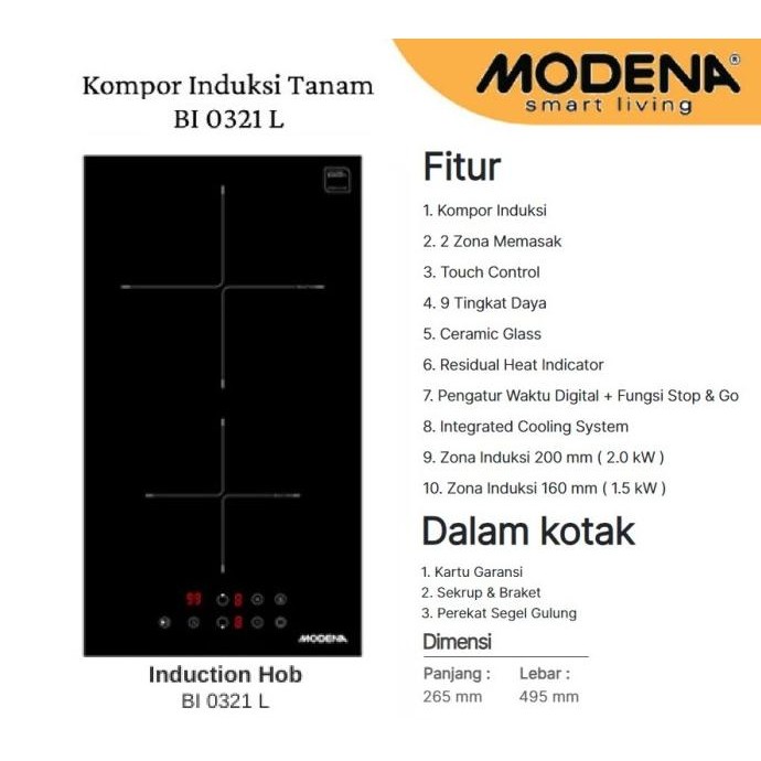 READY Modena Kompor listrik induksi tanam 2 tungku  BI 0321 L