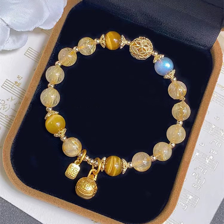 Citrine Gelang Kuarsa Rutilasi Emas, Ornamen Manik-manik Keberuntungan Hadiah Gelang Perempuan Krist
