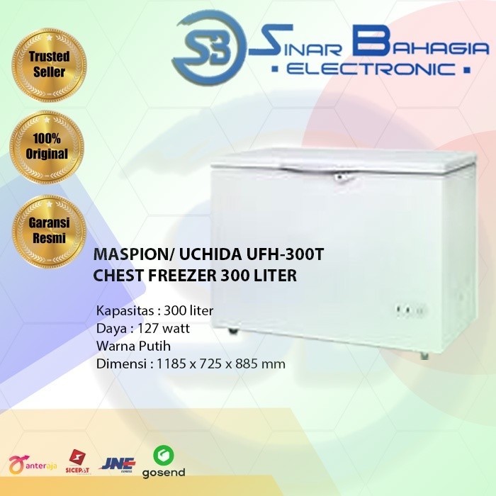 UCHIDA / MASPION UFH-300TG CHEST FREEZER 300 LITER, TUTUP DILAPIS KACA (NEW) ( KHUSUS BANDUNG)