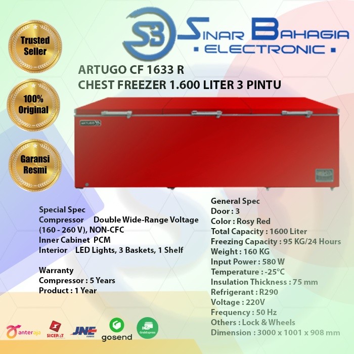 ARTUGO CF 1633 R CHEST FREEZER 1.600 LITER 3 PINTU (NEW)(KHUSUS BANDUNG)