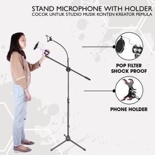 STAND MICROPHONE WITH HOLDER COCOK UNTUK STUDIO MUSIK KONTEN PEMULA TRIPOD MICROPHONE STAND MIC PANJ