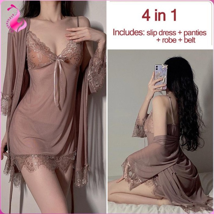 TERPERCAYA BARU COD4 in1 Satu Set Sexy Lingerie Kimono Transparan Baju Tidur sexy Wanita / sleepwear