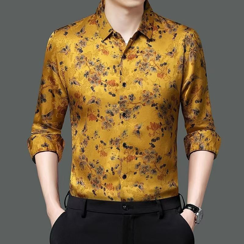 New High-End Dark Flower Satin Surface Men's Long-Sleeved Shirt Silk Satin Chinese Style