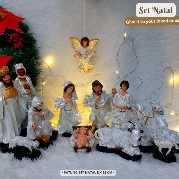 Jual Patung Set Natal 15cm warna putih dan krem/Patung Natal lengkap/Goa Natal/Hadiah Natal/Palungan