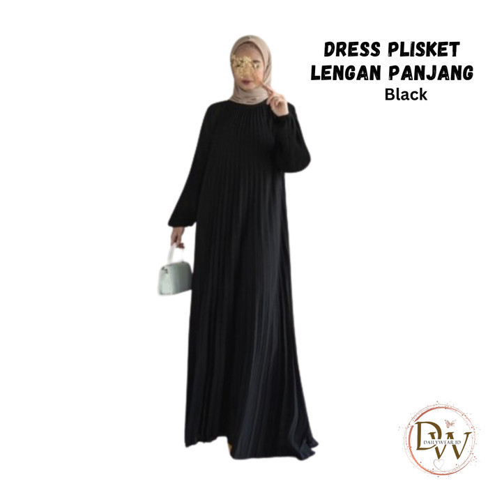 Gamis Gamis Plisket Payung Syari Lengan Panjang Terbaru Pleats Dress Wanita - Black kekinian premium