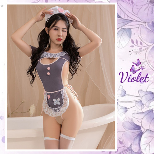 Costum Violet Lingerie Sexy Kostum Maid Seragam Pelayan Renda Pita Babydoll Pakain Dalam Open Crotch