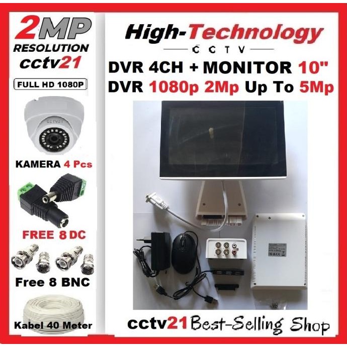 TERMURAH - Paket Lengkap 4 CCTV High Tech 2MP+DVR 4CH 5MP+Monitor 10"+KB 40M+HDD
