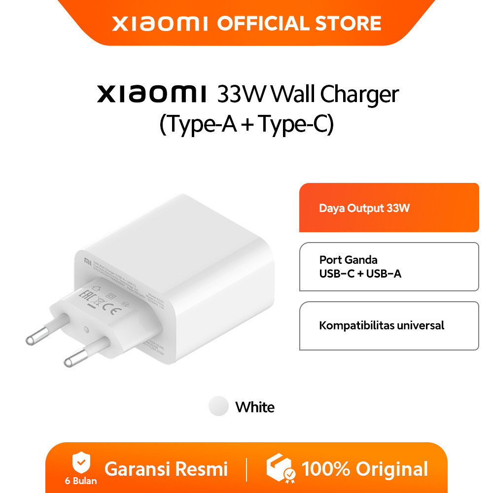 Xiaomi 33W Wall Charger (Type-A + Type-C) | Pengisian Daya Cepat | Port Output Ganda | Ringkas & Por