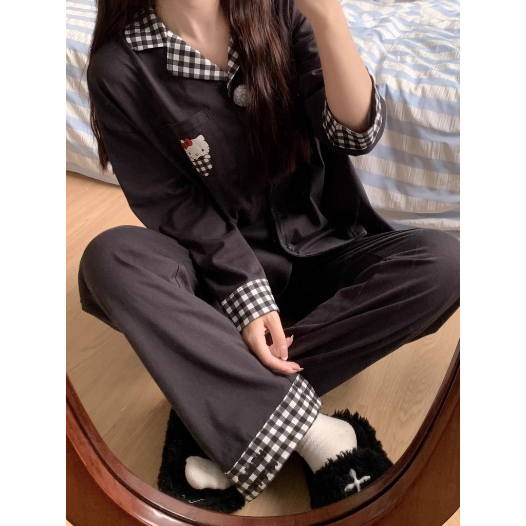 Lazy night Piyama Lengan Panjang Hello Kitty Lucu Anak Perempuan Set Baju Rumah Celana Sambung Kotak