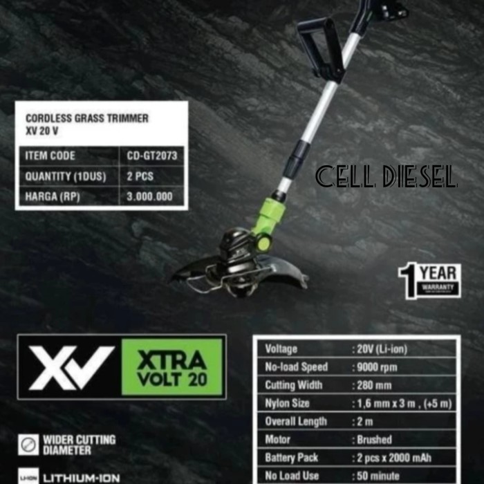 MESIN POTONG RUMPUT BATERAI CORDDLES RYU XV 20 V