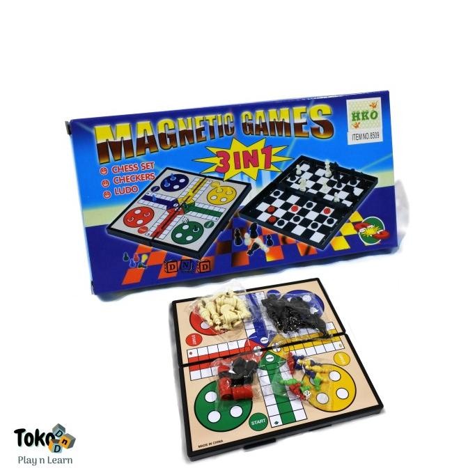 Mainan Keluarga Family Magnetic Board Games 3 in 1 Ludo Catur Checker Stok Terbatas