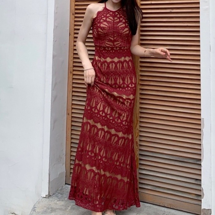 Meno - Maxi Long Lace Dress Red Elegant Sangjit Lunar Imlek Cny Cheongsam 02