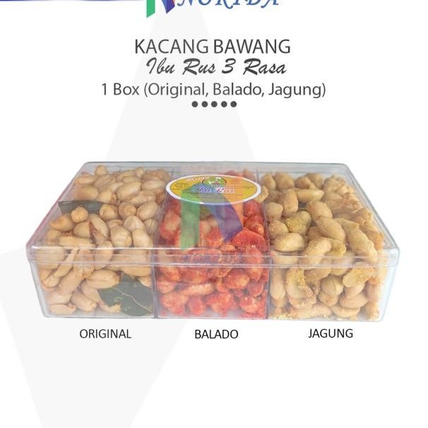 

Nokida Kacang Bawang Ibu Rus [Toples 3 Sekat/500Gr] / Kacang Goreng Daun Jeruk Celan Gurih Asin Manis 3 Rasa Jagung Balado