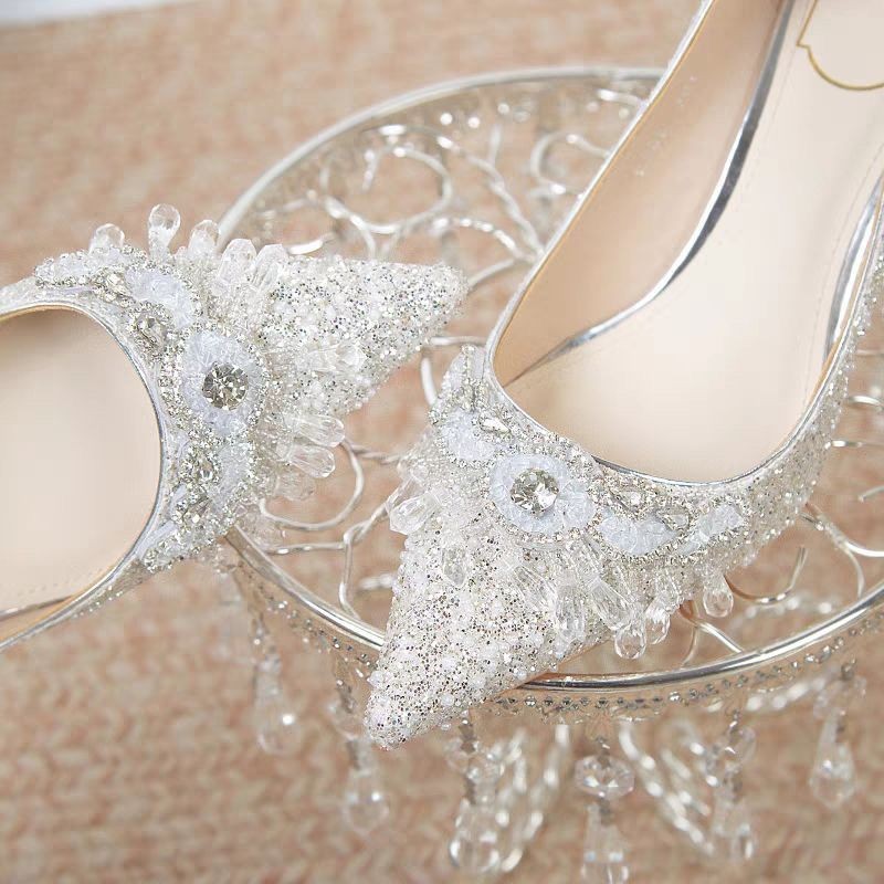 Sepatu Pernikahan Hak Tinggi Wanita Sepatu Pengantin Kristal Sepatu Hak Tinggi Stiletto Alas Kaki Pe