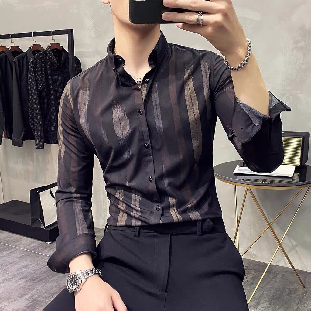 Kemeja Lengan Panjang Pria, Baju Lengan Panjang Kasual Gaya Korea Motif Garis-garis