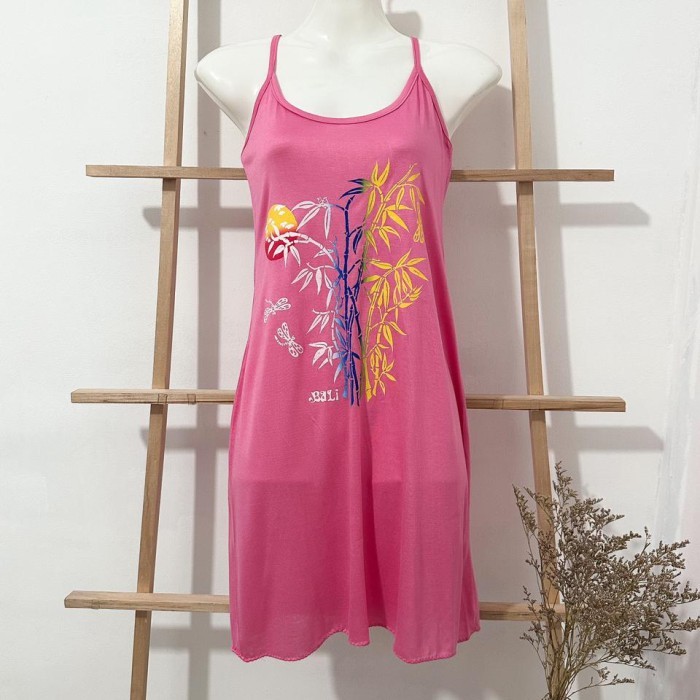 [TERBAIK] Dress Singlet Baju Bambu Bali / Pakaian Daster Wanita Motif Bambu Mura - Merah Muda