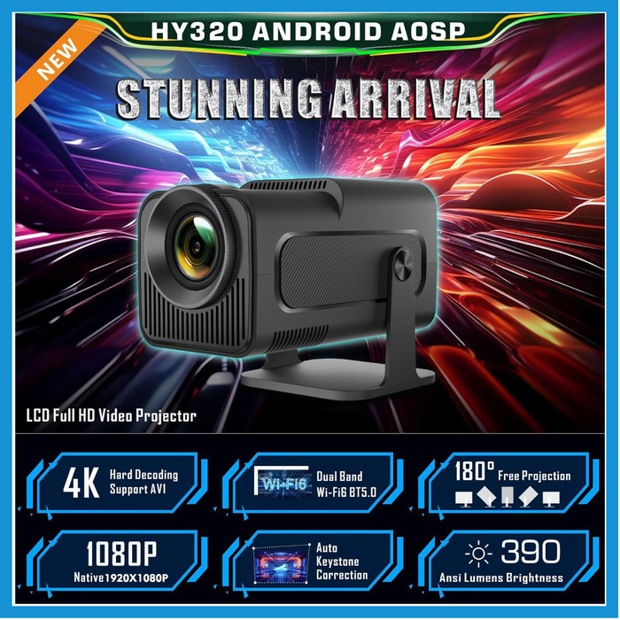 Projector HY320 Mini Portable Auto Keystone FHD 1080P Smart Infocus LED Proyektor 4K Wifi 6