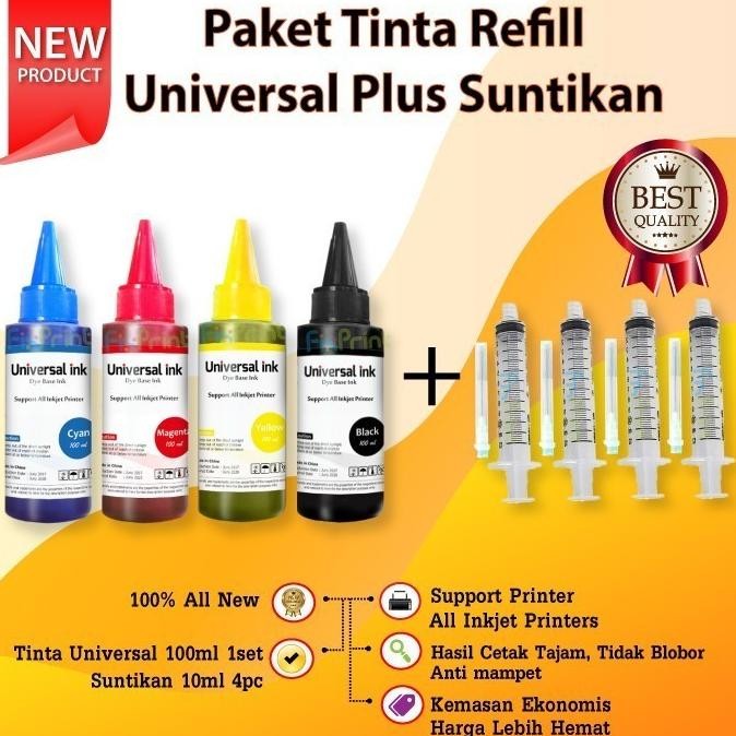 TINTA PRINTER INK UNIVERSAL PLUS SUNTIKAN 10ML TINTA REFILL CARTRIDGE PRINTER 100ML + SUNTIKAN 10 CC