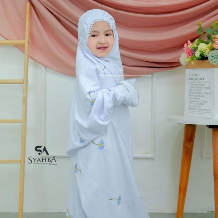 TERLARIS Mukena terusan KHUSUS PUTIH anak TK SD remaja mukena santri | Syahba - Daisy biru TK
