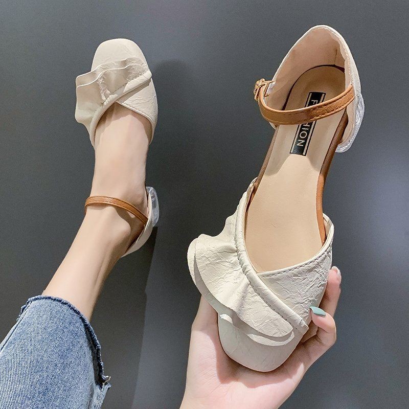 Sepatu Hak Kristal Wanita, Sepatu Luar Fashion, Sandal Hak Pendek, Sepatu Gaya Peri