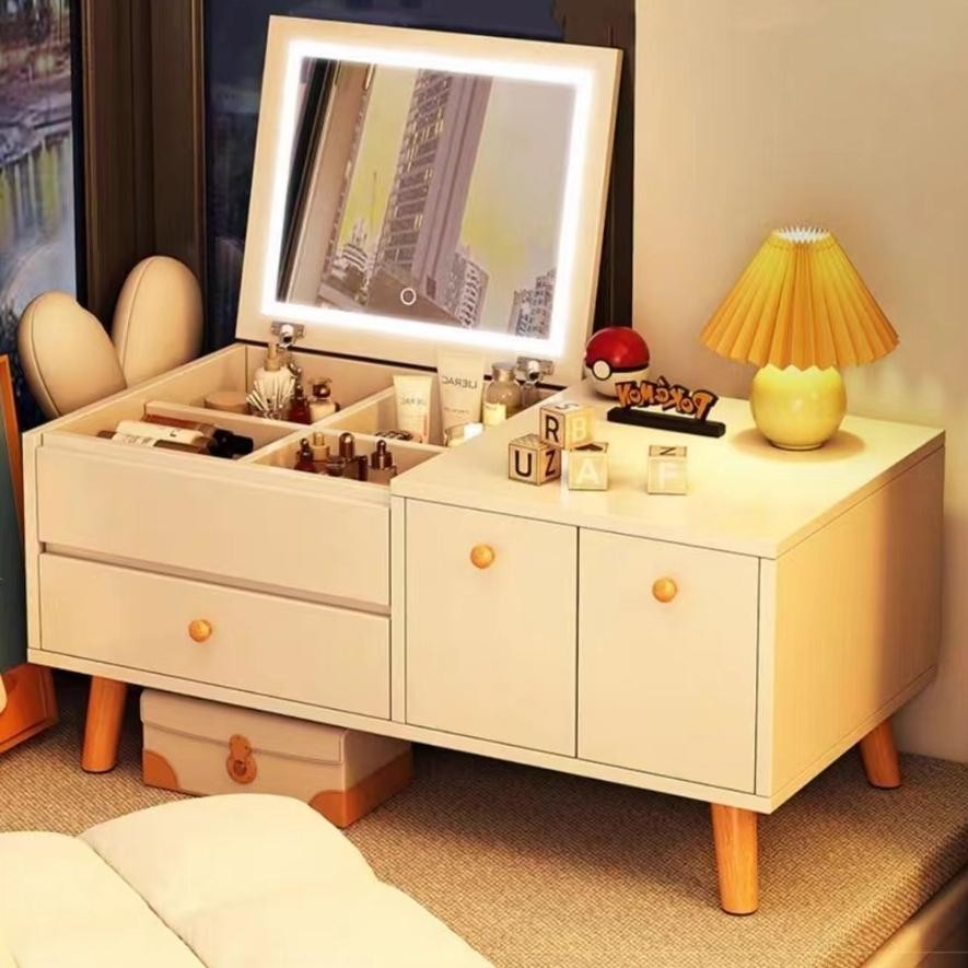 Meja Rias Lampu LED Meja Rias Rak kosmetik Meja Rias Aesthetic Mini Modern Meja Kosmetik