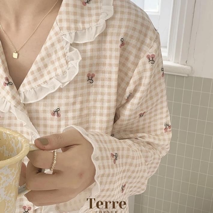 Baju Tidur Wanita Piyama Korea Setelan Baju Tidur Wanita Son Sleepwear Cream Piyama Wanita Lengan Pa