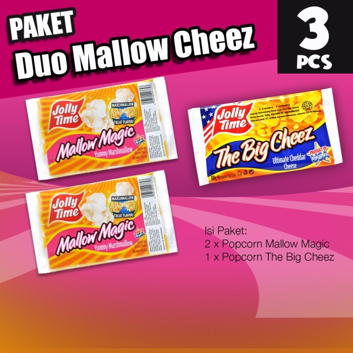 

Paket Duo Mallow Cheez (2MM, 1TBC) - Jolly Time Mircowave Popcorn