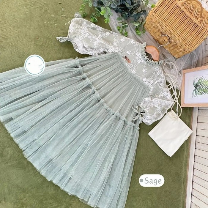 TERLARIS Baju Gamis Anak Perempuan 4-6 Tahun Baju Muslim Pesta Anak Terbaru - Sage, S(4-5Tahun)