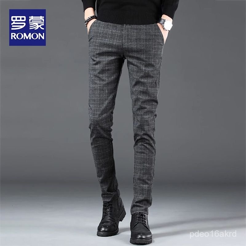 Celana Kasual Pria, Celana Panjang Kasual Pria Inggris Kotak-kotak, Setelan Jas Bulu Domba Musim Gug