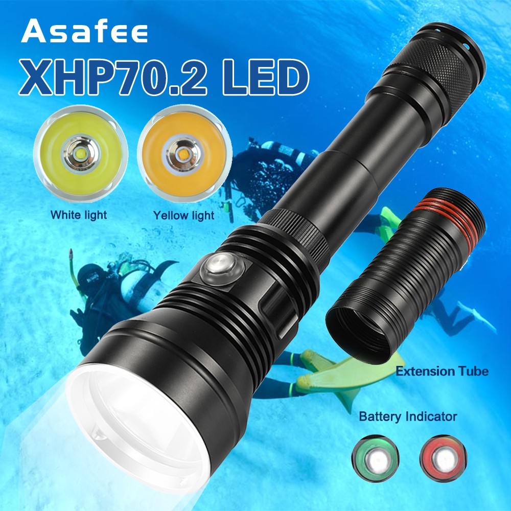 Asafee A33 6000LM Senter Selam LED Profesional XHP70.2 Lampu Putih/Kuning Senter Scuba Dapat Diisi U