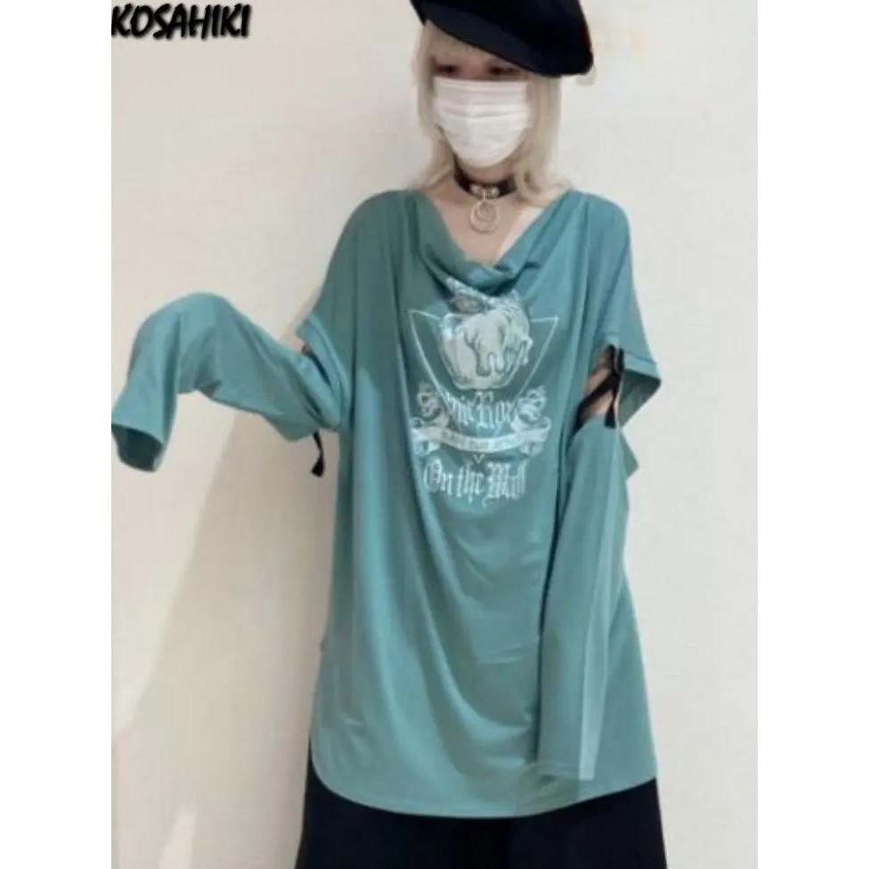 Promo KOSAHIKI Vintage Graphic Tshirts Contrast Aesthetic Grunge Y2k Tops Women Detachable Long Slee