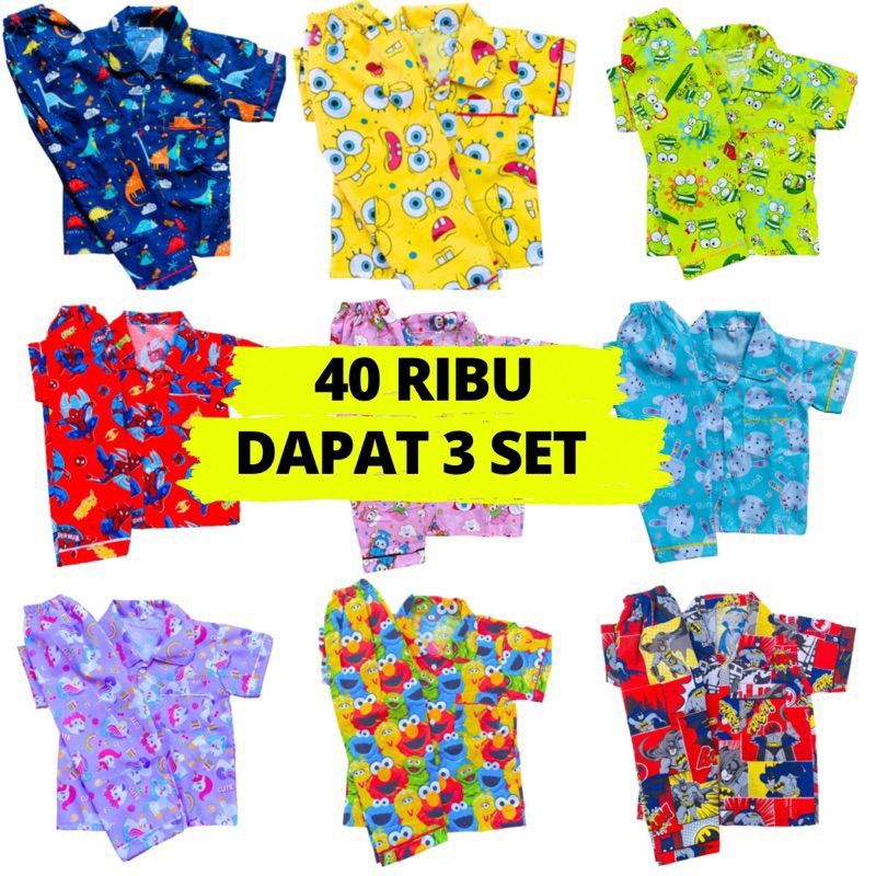 Baju Anak Halus & Tebal Paket Usaha 3 Pcs Setelan Piyama Anak Kids Dan Junior Usia 1 Tahun Sampai 12