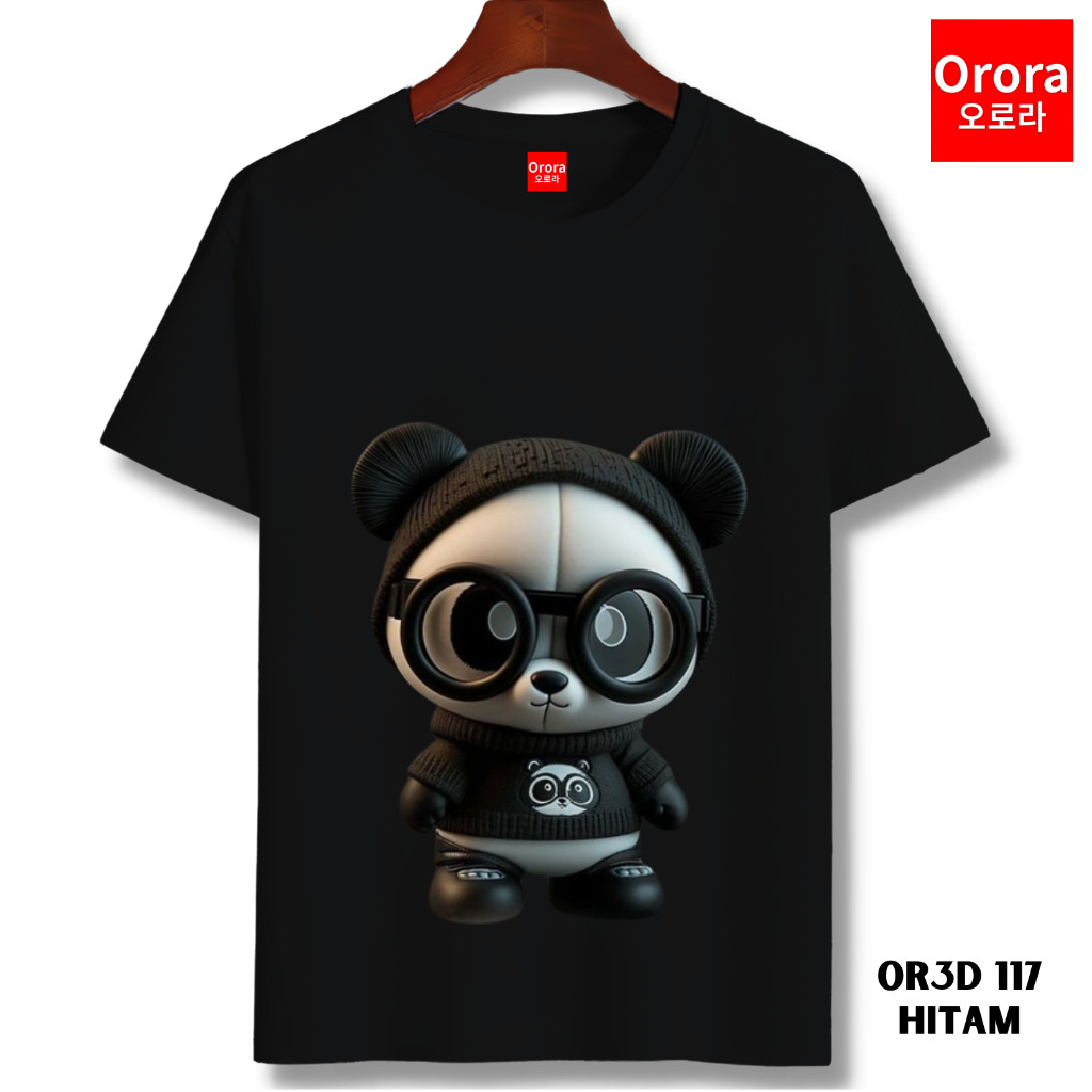 Orora Kaos Distro Premium 3D Panda With Glasses - Baju Atasan Sablon Pria Wanita Warna Hitam Putih U