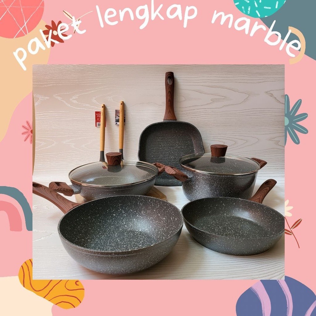 Cypruz Panci Set Paket lengkap Marble Pan Cookware Stein Granite Wajan anti lengket