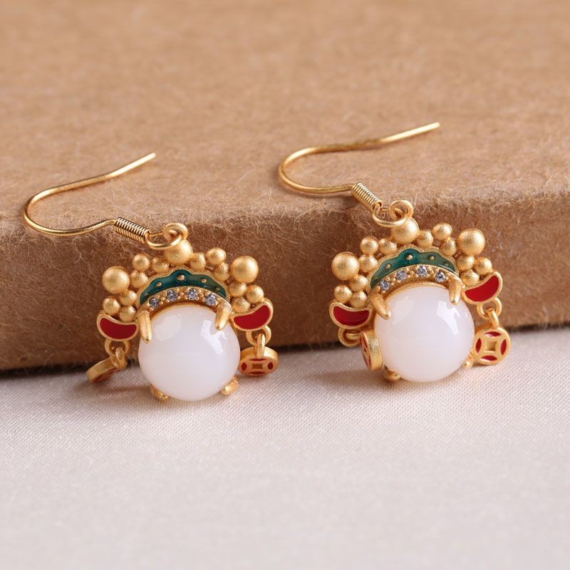 Guochao Ancient Gold-Plated Jade Drama Dao Ma Dan Face Earrings
