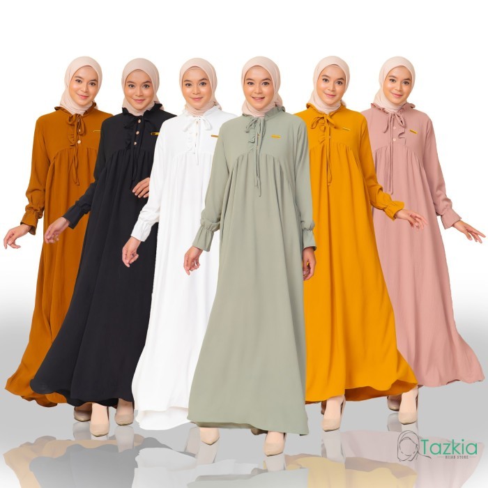 NEW Dress Muslim Wanita Nadia Gamis Polos Crinkle Airflow Tazkia Hijab - Mustard