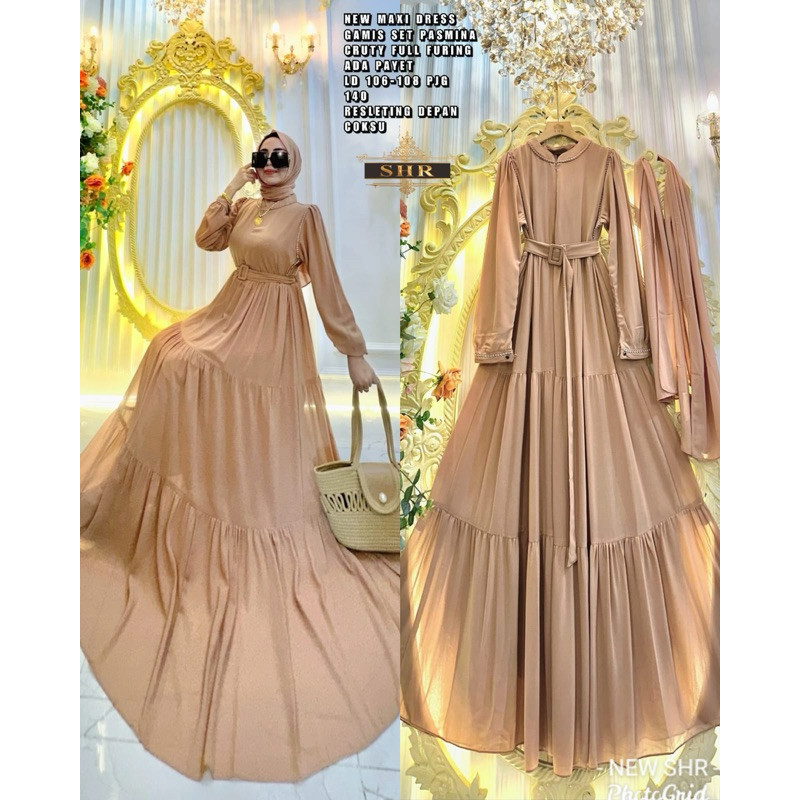 Baju Muslim Halus & Tebal Terbaru Gamis set hijab pashmina by SHR ceruty premium