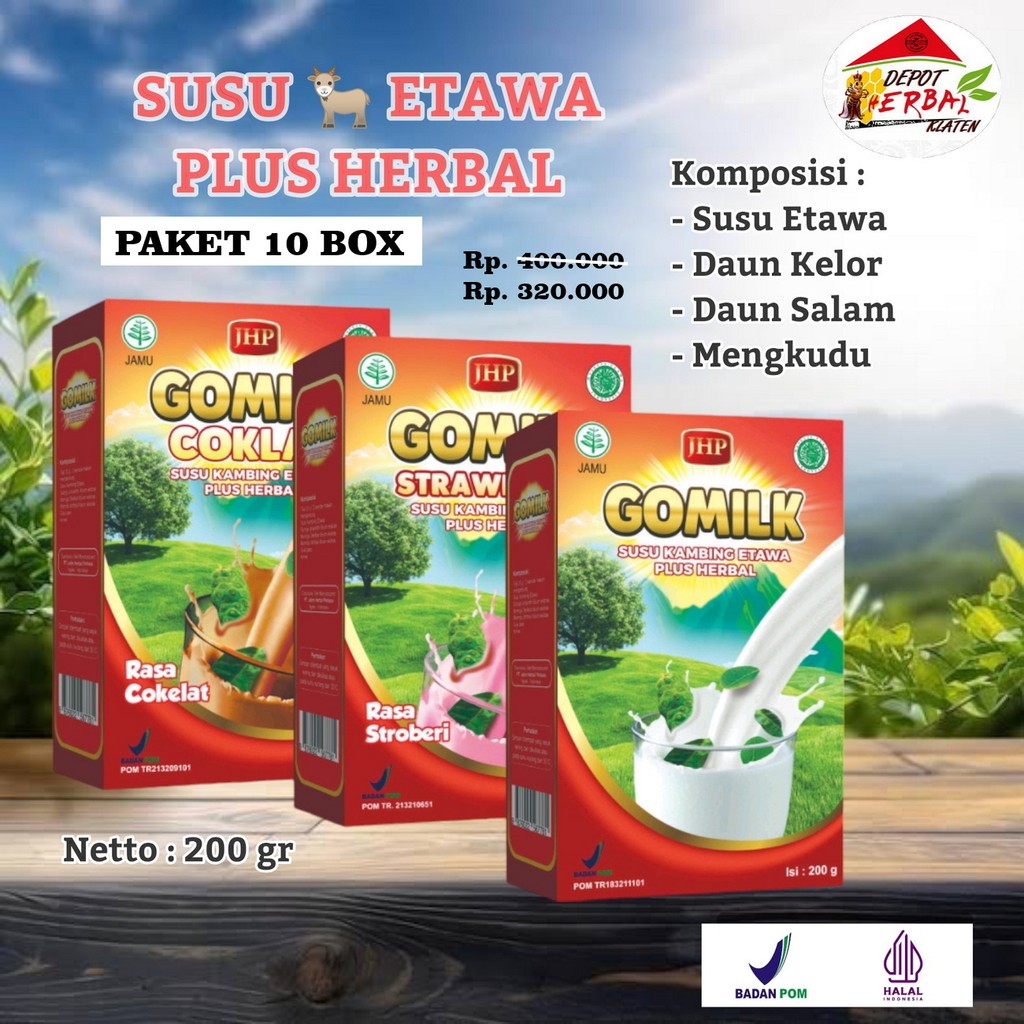 

Paket Hemat 10 Box Susu Kambing Etawa Gomilk plus Herbal-Daun Kelor-Daun Salam-Mengkudu