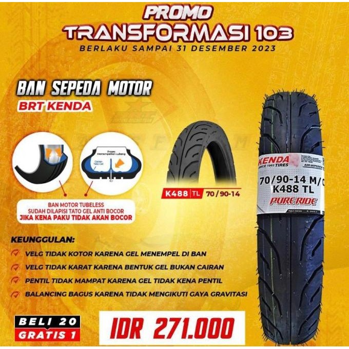 Ban BRT Kenda Ring 14 70/90 80/90 90/90 Ban Tubles Anti Bocor Jangeby