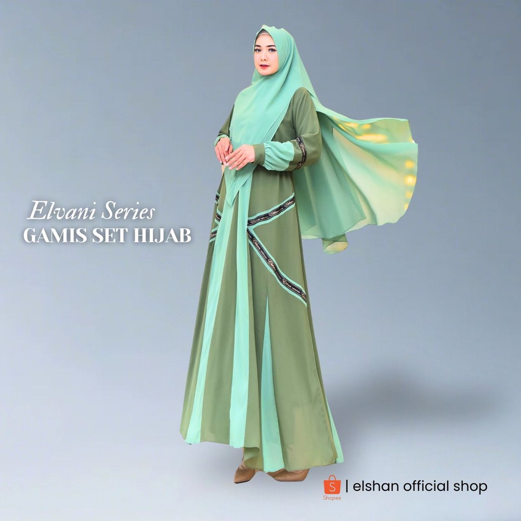 Elshan - Gamis Syari Ceruty Polos Set Hijab Kombinasi Warna Elvani