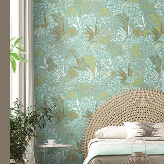 wallpaper Korea motif bunga vintage hijau cream