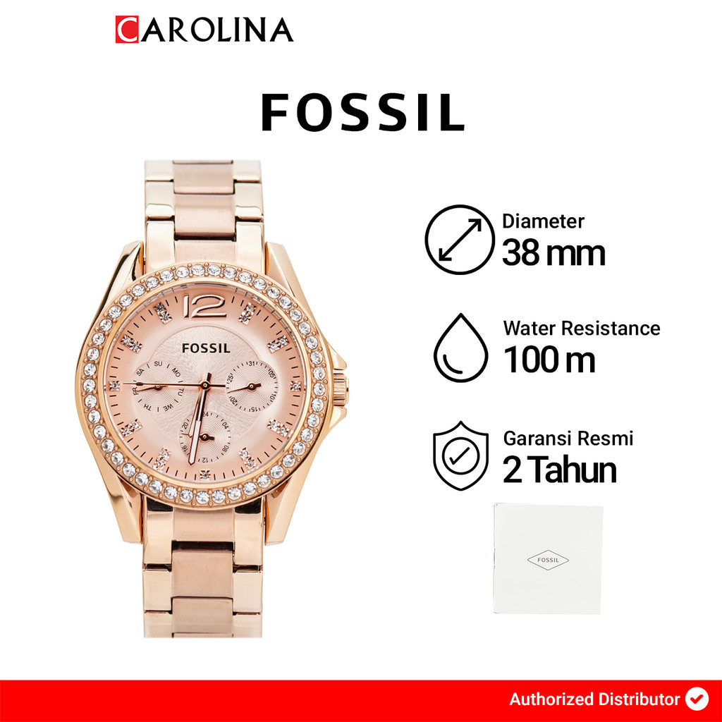 Jam Tangan Wanita FOSSIL Riley ES2811 Rose Gold Dial Rose Gold Stainless Steel Strap