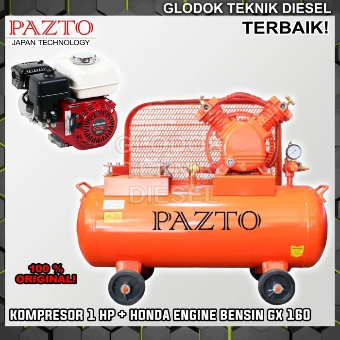 Paling Murah Pazto Kompresor Angin 1 Hp + Honda Engine Bensin Gx 160 5.5 Hp Pk Ori