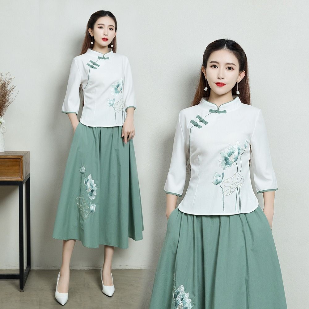 Improved Hanfu Women's Two-Piece Cheongsam Dress Suit Dress