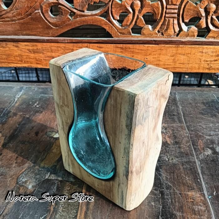 Vas Bunga Aquarium Kaca Tiup 25Cm Tatakan Alas Kayu Natural Murah