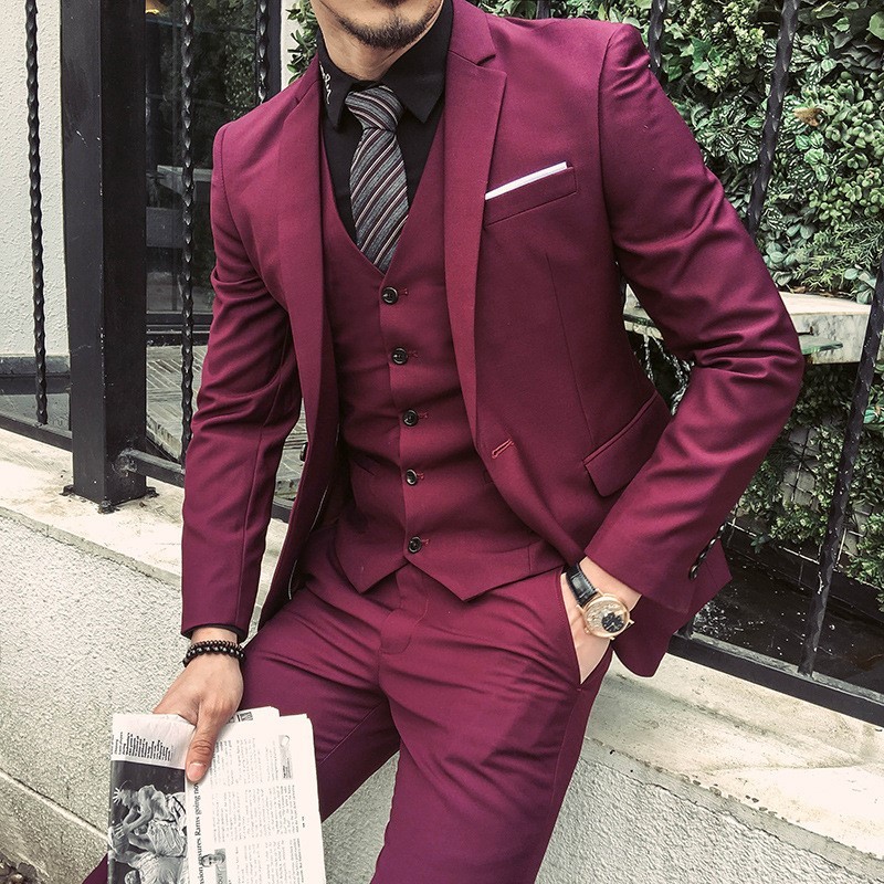 2022 Jas Burgundy Ungu Pria Pengantin Pria Slim Fit 3 Piece Tuxedo Prom Pernikahan Jas Blazer Terno 